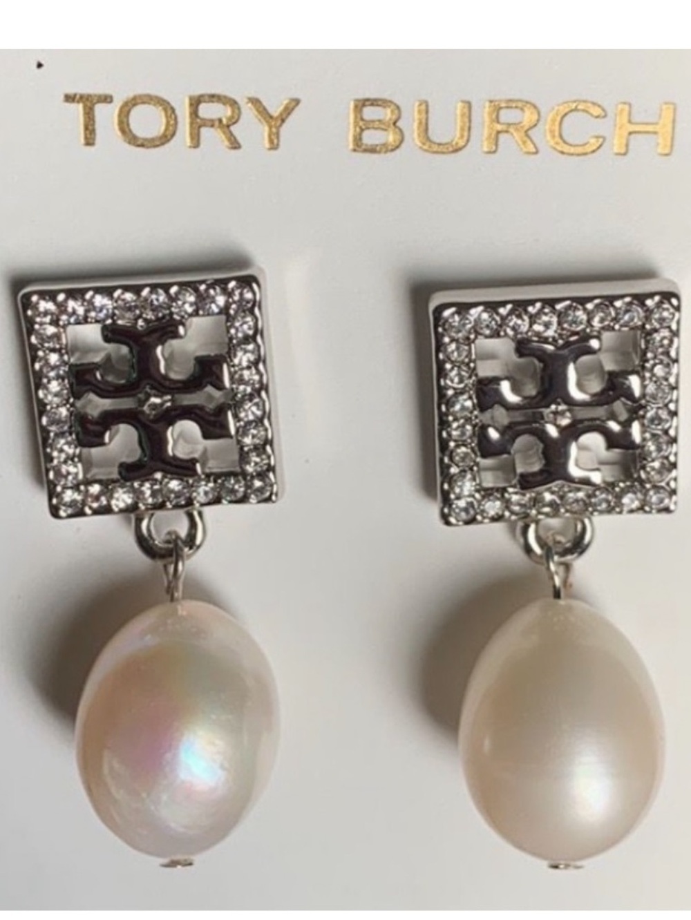 Tory Burch Silver Logo Crystal Studs with White Pearl Drops - Picture 2 of 2